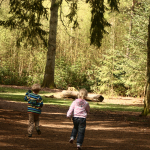 Children running through woods on a bear hunt