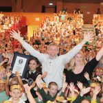 Photo of Michael Rosen with the Charter Hall crowd of children