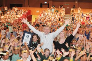 Photo of Michael Rosen with the Charter Hall crowd of children