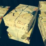 Books beatifully wrapped in Bear Hunt wrapping paper